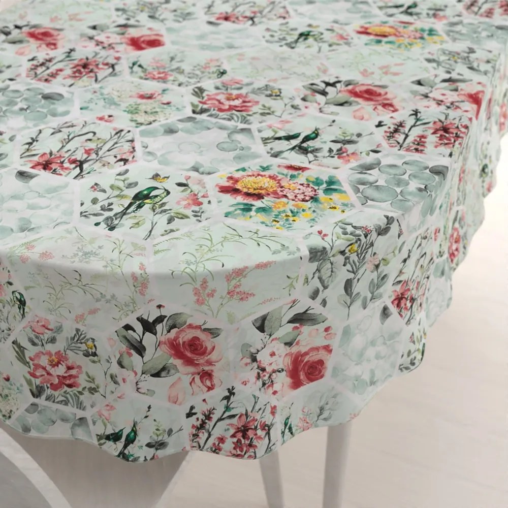 Biante Bavlnený oválny obrus Sandra SA-415 Kvety na mintovom hexagóne 60x100 cm