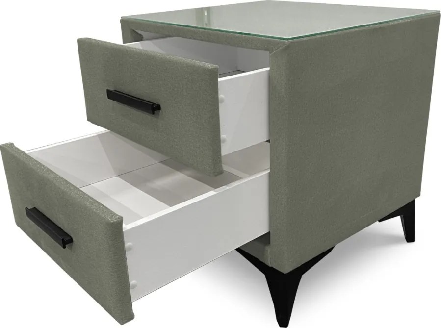 Nočný stolík s 2 zásuvkami Joy, olivovo zelená látka