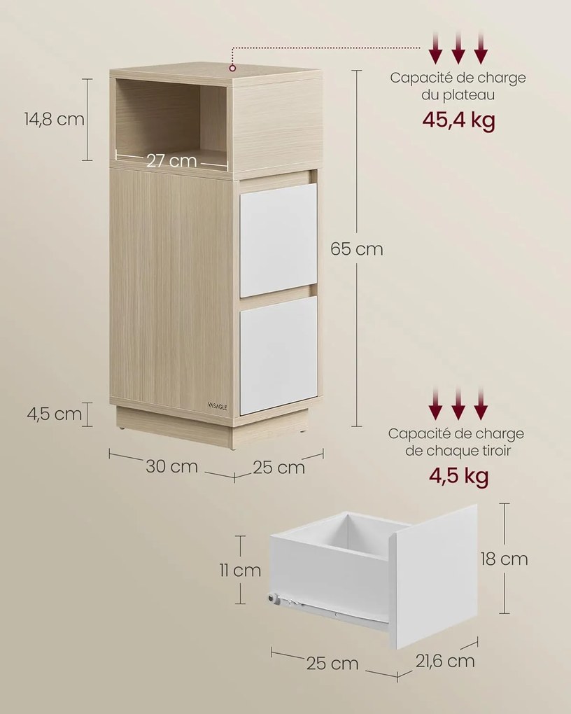 Úzky nočný stolík, 2 zásuvky, otvorený priestor, 30 x 25 x 65 cm, prírodná a biela farba