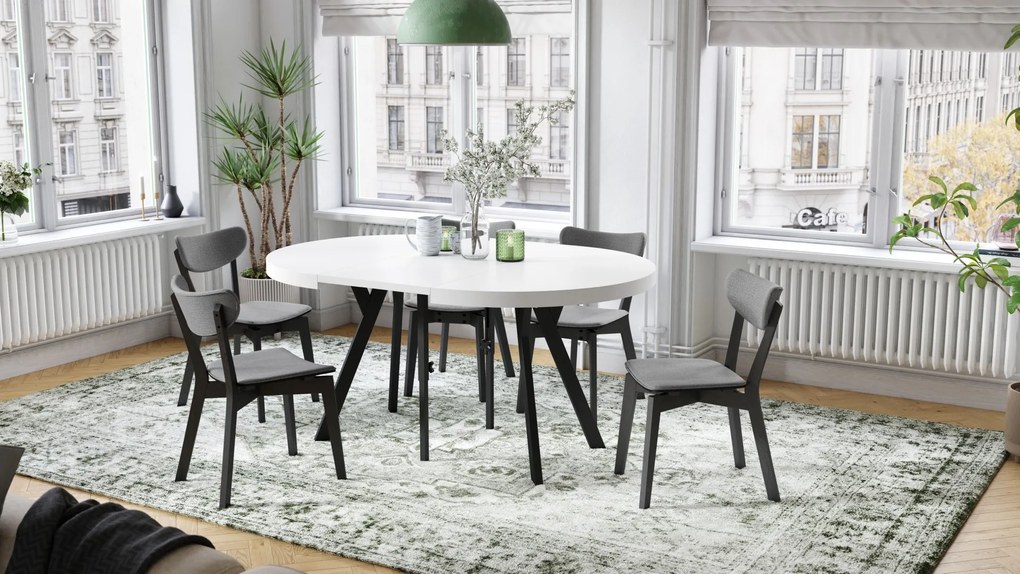 EXPANSO Biely mat / čierne nohy - VEĽKÝ OKRÚHLY STÔL Ø110 ROZKLADACÍ AŽ DO 310 cm S NOHAMI Y LOFTOVÝ / INDUSTRIÁLNY