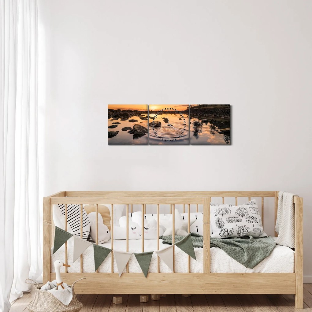 Obraz - Západ slnka pri jazere (s hodinami) (90x30 cm)