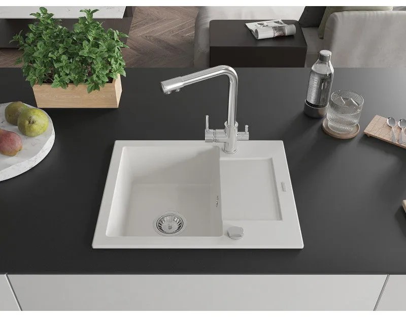 Mexen Enzo, granitový drez 576x465x174 mm, 1-komorový, chrómová batéria Duero, biela, 6506-20-671600-00