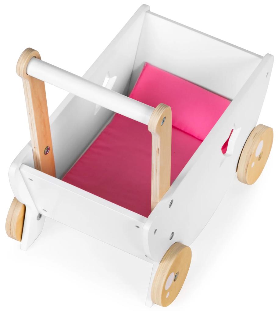 EcoToys Detský drevený kočík pre bábiky 2v1 - ružový