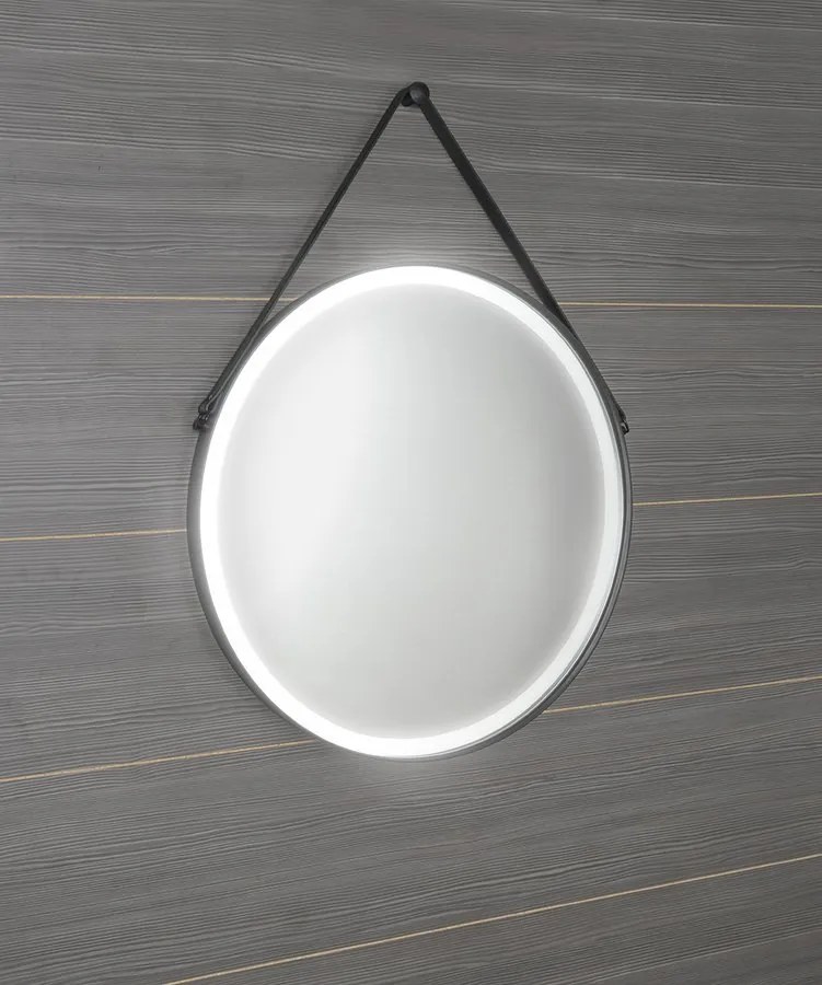 Sapho Sapho, ORBITER guľaté zrkadlo s LED osvetlením, kožený popruh, ø 60cm, čierna mat, ORL060