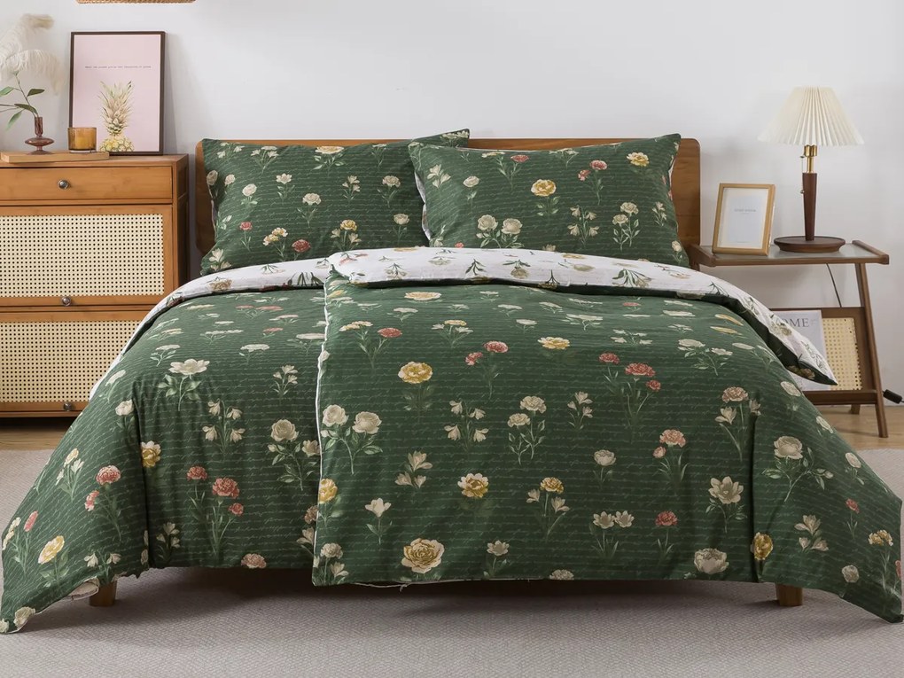 XPOSE® Bavlnené Renforcé obliečky LESNÁ BOTANIKA DUO - biele/tmavo zelené