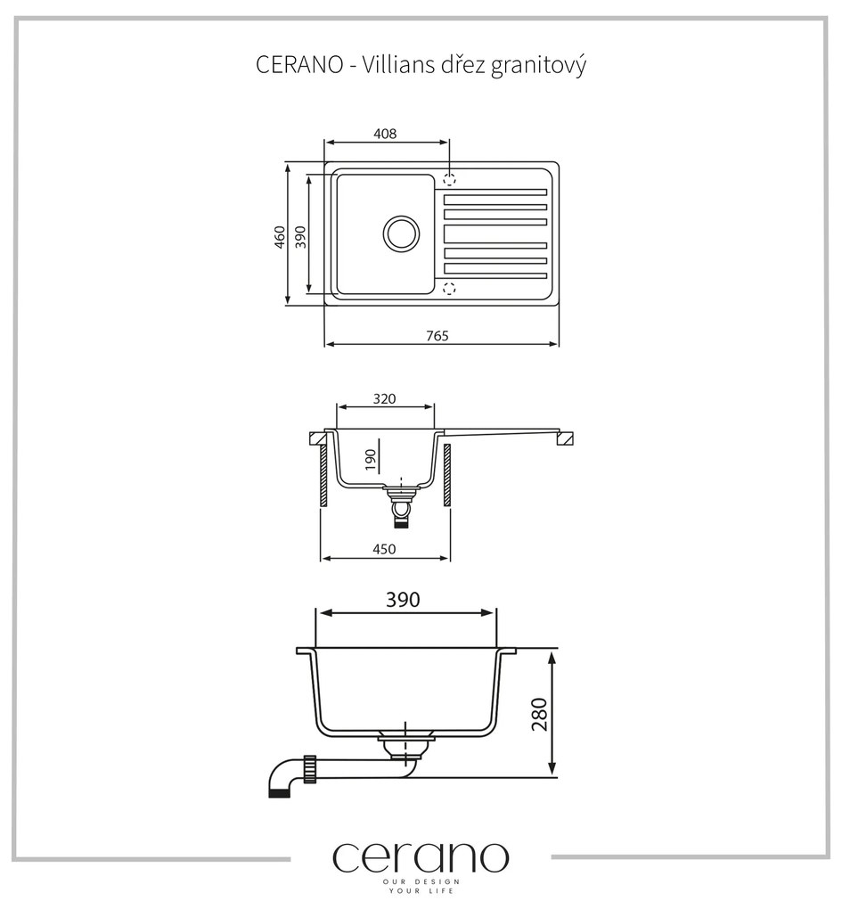 Cerano Villians, drez granitový, 1-komorový s odkvapkávačom, 765x460x190 mm, čierna metalická, CER-LIVSQ101-B