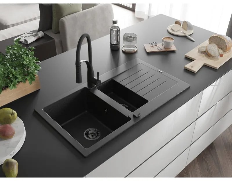 Mexen Matias, granitový drez 900x505x200 mm, 1,5-komorový a drezová batéria Aster, čierna-strieborná metalíza, 6502-73-73450-70-B