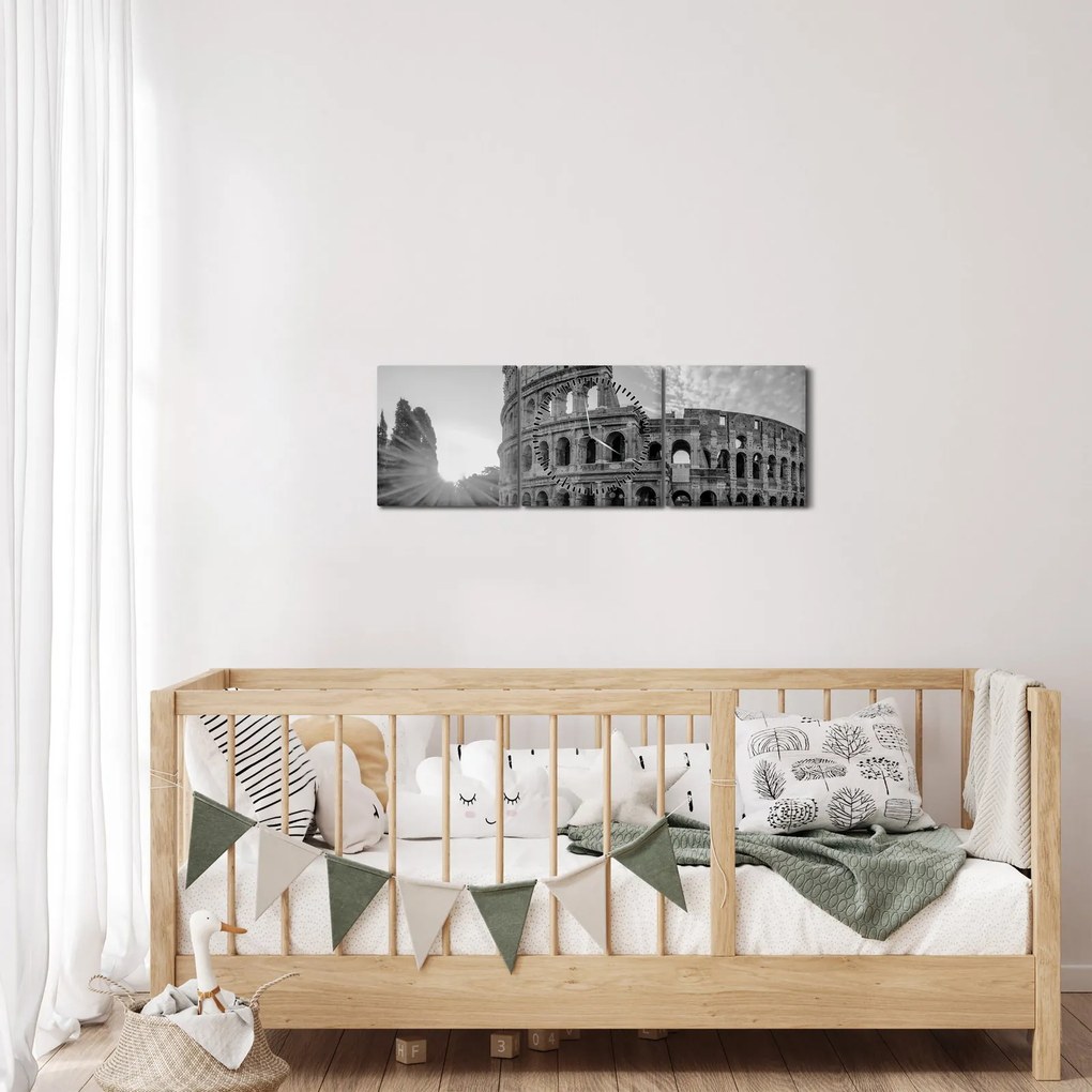 Obraz - Koloseum v Ríme, čiernobiele (s hodinami) (90x30 cm)