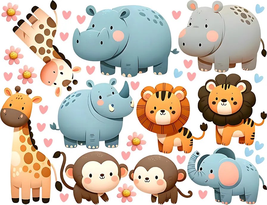 Zvieratká zo ZOO textilní prelepiteľné nálepky na stenu list 47 x 36 cm