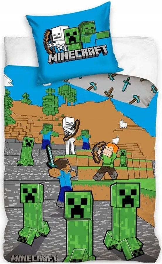 Bavlnené posteľné obliečky Minecraft - motív Time to Mine - 100% bavlna - 70 x 90 cm + 140 x 200 cm