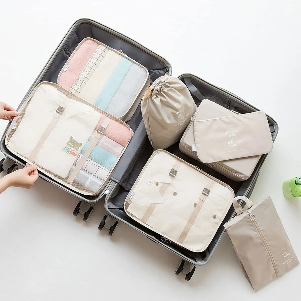 Súprava 7 cestovných organizérov, zbaľte si kufor prehľadne, TRAVEL, krémová