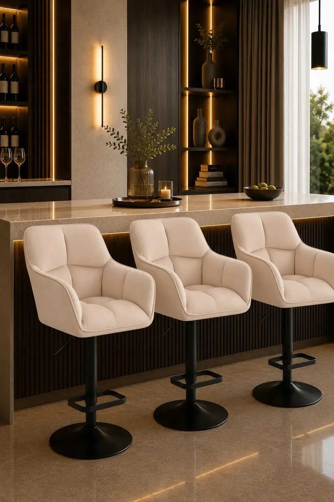 LuxuryForm DESIGN Barová stolička AMALFI VELUR na čiernom tanieri - krémová