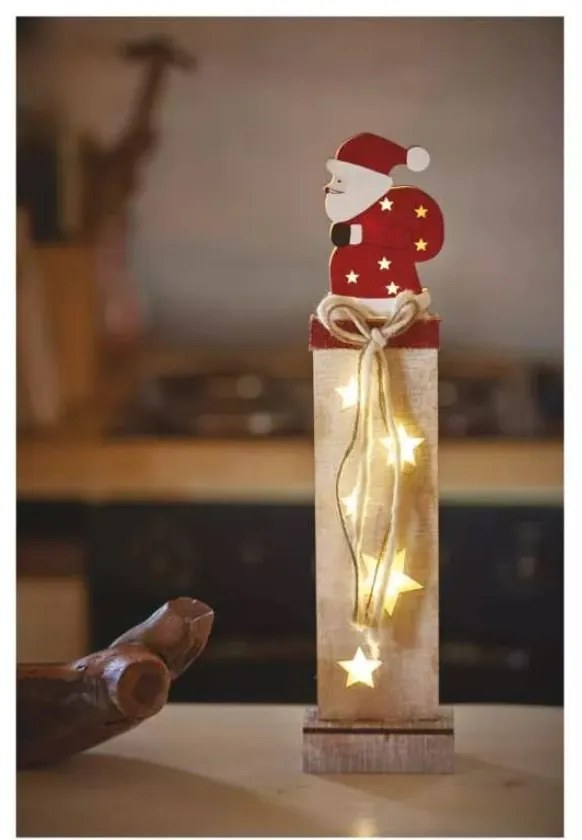 EMOS LED drevená vianočná dekorácia SANTA, 7xLED, teplá biela, 46cm, 2×AA, časovač