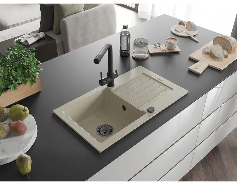 Mexen Pablo, granitový drez 752x436x161 mm, 1-komorový a čierna batéria Duero, béžová, 6510-69-671600-70