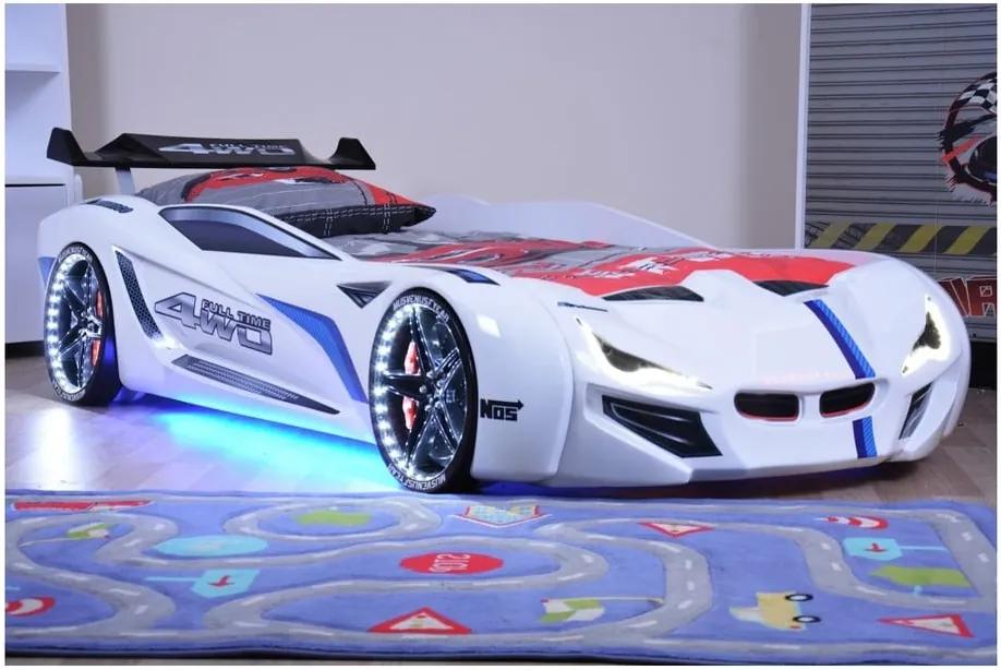 Biela detská posteľ v tvare auta s LED svetlami Fastero, 90 × 190 cm