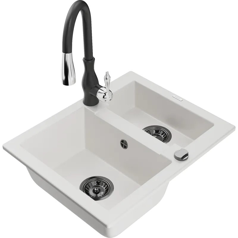 Mexen Carlos, 1,5-komorový granitový drez 582x475x177 mm a drezová batéria Savita, biela, 6518-20-672601-70