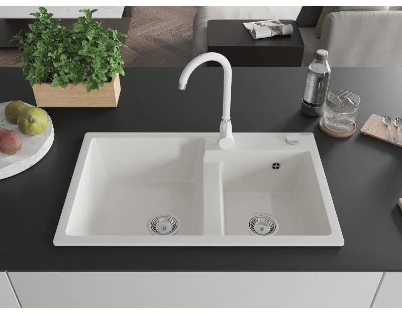 Mexen Tomas, granitový drez 800x500x190 mm, 2-komorový a biela batéria Telma, biela, 6516-20-670200-20