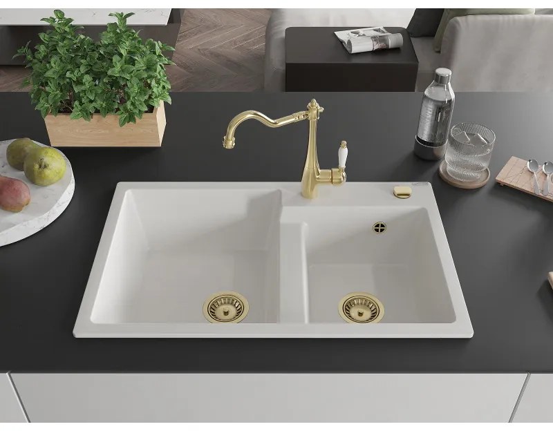 Mexen Tomas, granitový drez 800x500x190 mm, 2-komorový a drezová batéria Carla, biela, 6516-20-670700-50
