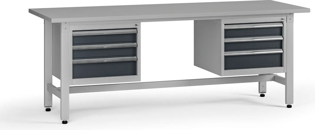 Výškovo nastaviteľný dielenský stôl G5, 2100 x 750 x 800-1000 mm, 2x kontajner, 6 zásuviek, grafit