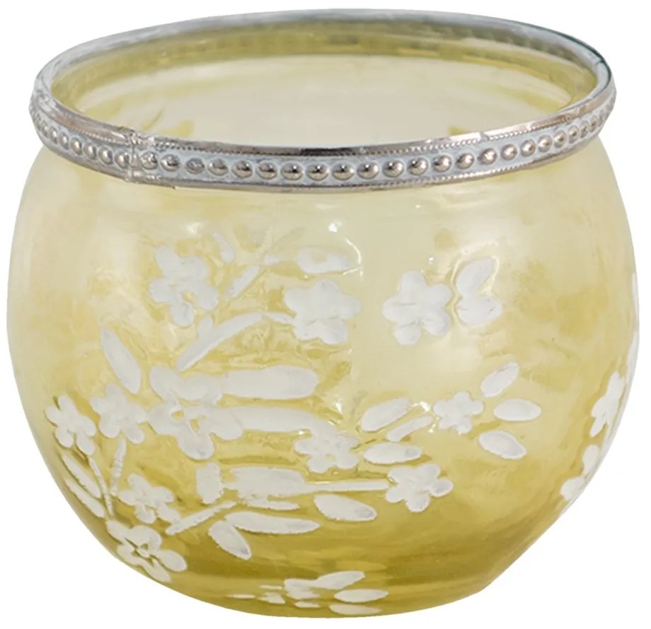 Žltý sklenený svietnik na čajovú sviečku s kvetmi Teane - Ø 10*9 cm