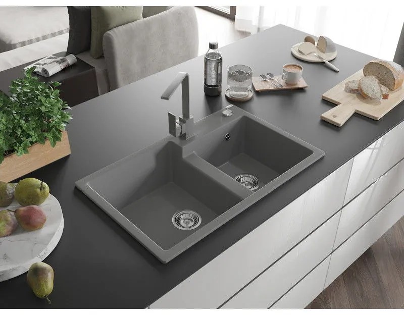 Mexen Tomas, granitový drez 800x500x190 mm, 2-komorový a šedá batéria Rita, šedá, 6516-71-670300-71