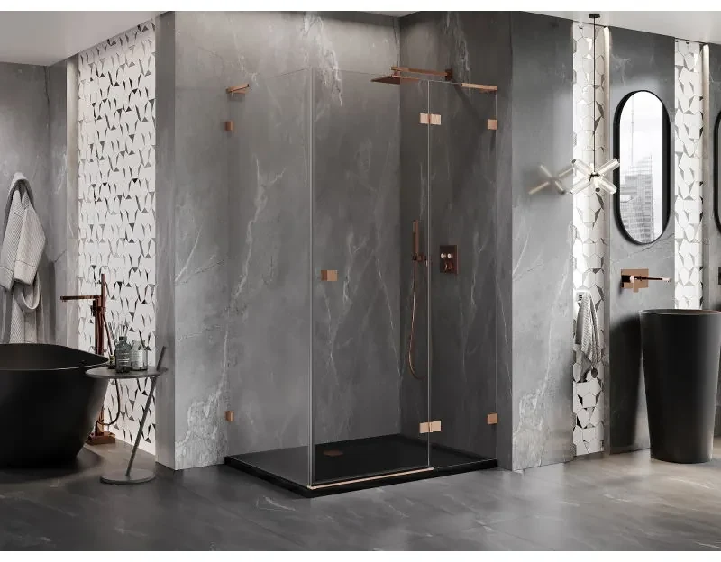 Mexen Lunar, L pravostranný výklopný sprchový kút 75 x 70 cm, 8mm číre sklo, profil medená matná, 834L-075-070-65-00-P