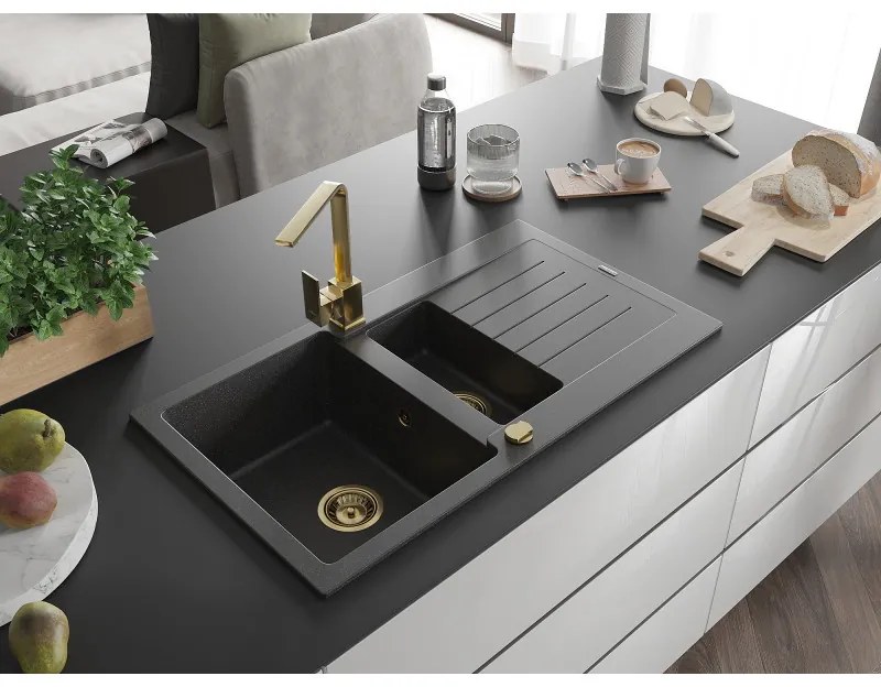 Mexen Matias, granitový drez 900x505x200 mm, 1,5-komorový a zlatá batéria Rita, čierna škvrnitá, 6502-76-670300-50