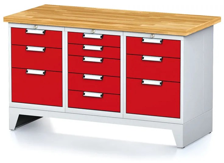 Dielenský stôl MECHANIC I, 1x 5 zásuvkový box a 2x 3 zásuvkový box na náradie, 11 zásuviek, 1500x685x880 mm, červené dvere