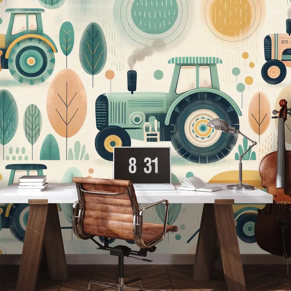 Samolepiaca tapeta detské traktory v pastelových farbách