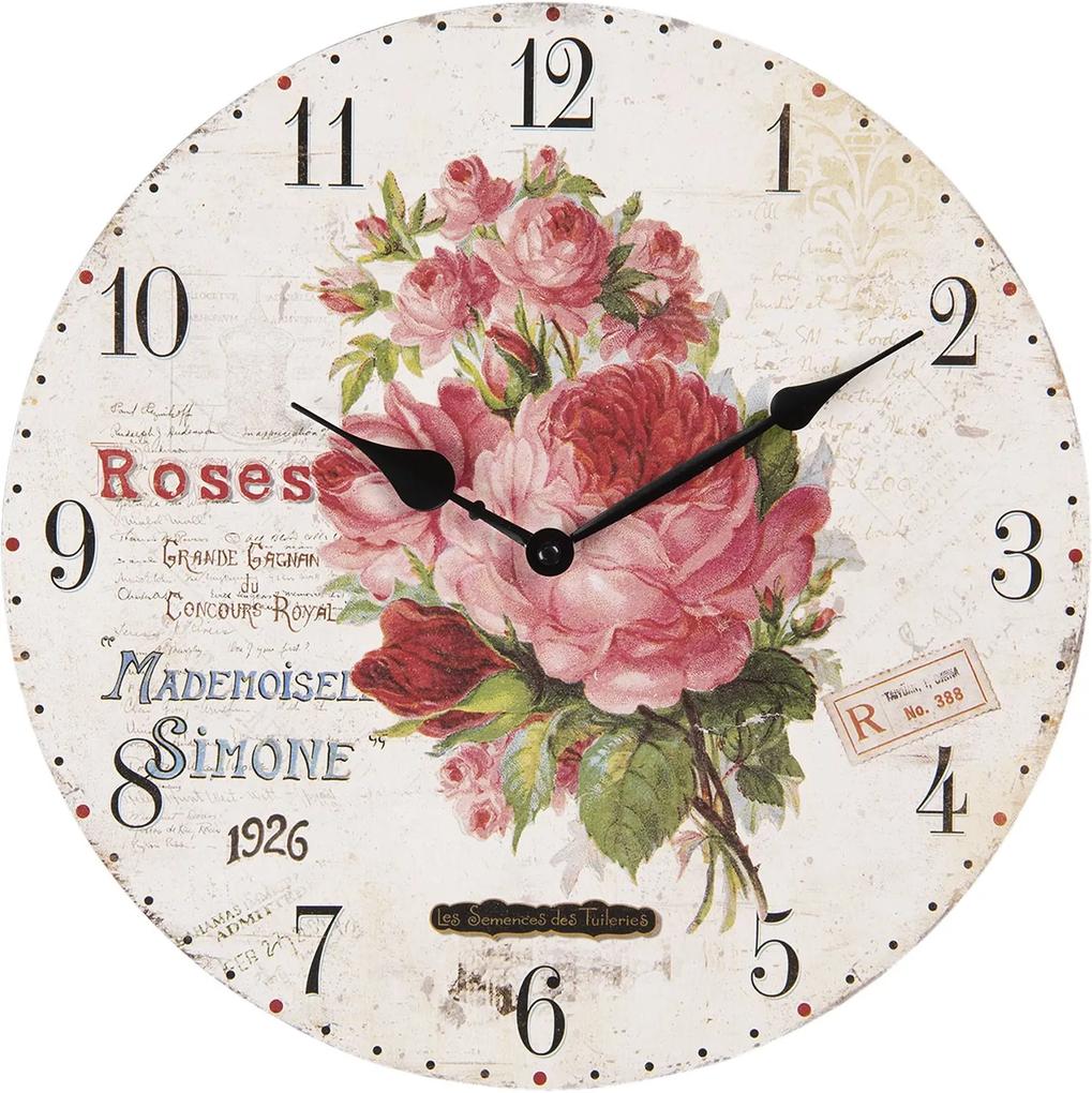 Vintage nástenné hodiny s ružami - Ø 34 * 3 cm / 1 * AA