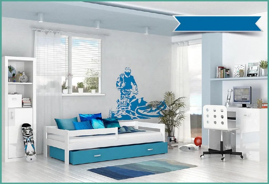 Detská posteľ HUGO P1 COLOR s farebnou zásuvkou + matrac, 80x160, bialy/modrý