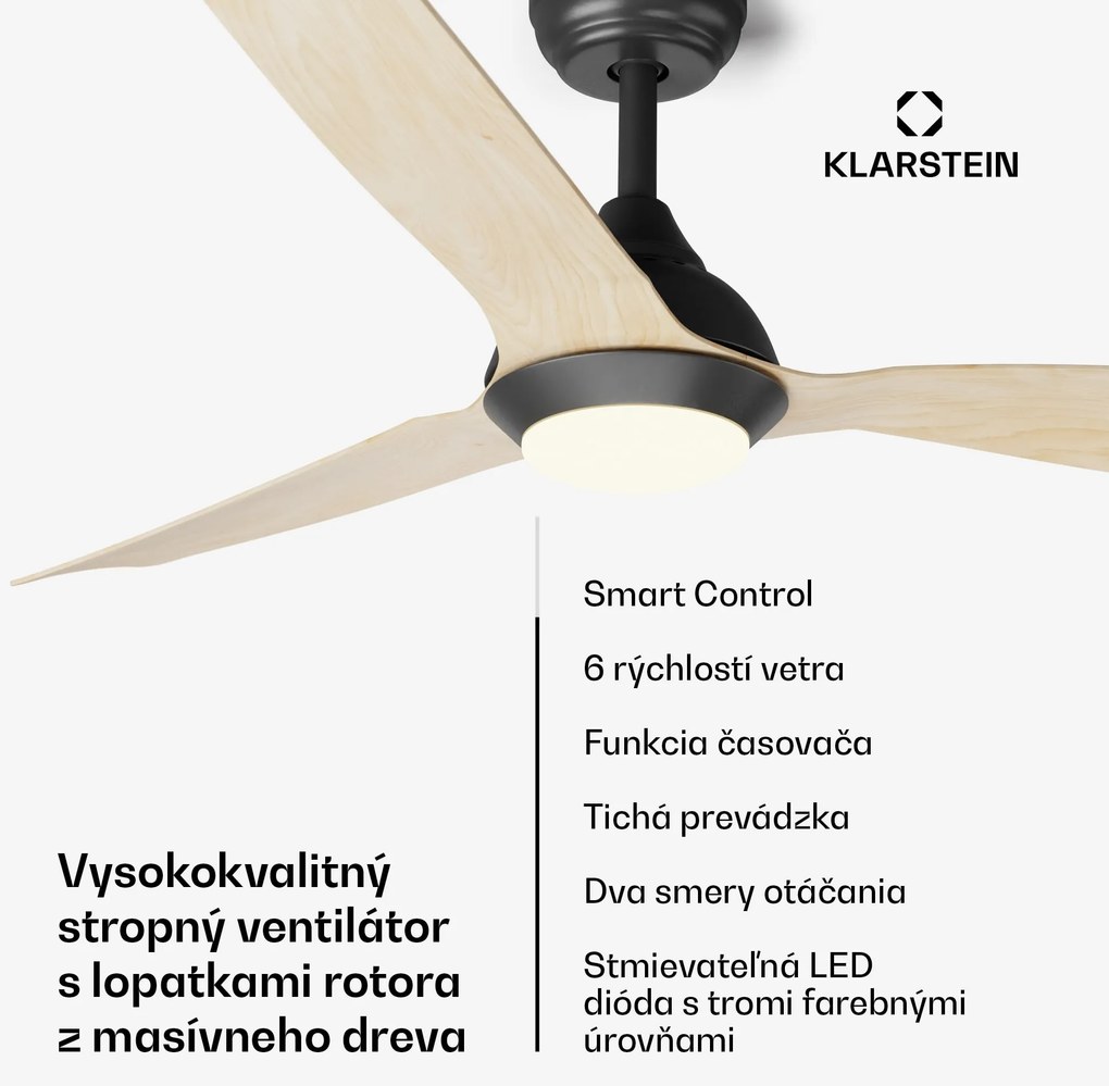 Klarstein Fiji Flow 2 v 1 Smart, stropný ventilátor, Ø 132 cm, LED svetlo, diaľkové ovládanie, ovládanie cez aplikáciu, 2 smery chodu