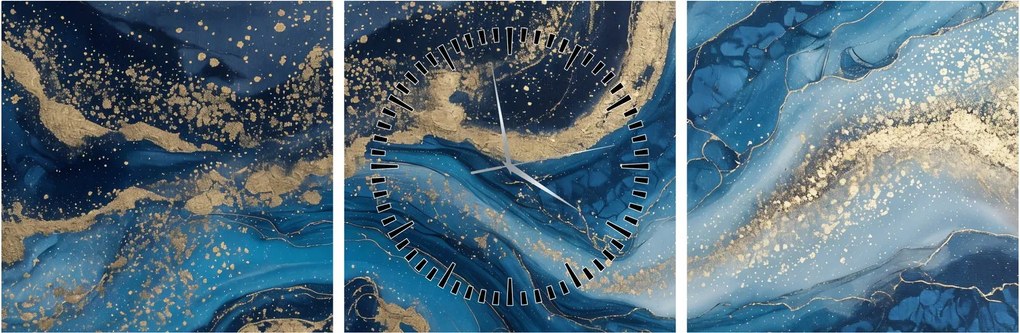Obraz - Modrozlatý abstraktný mramor (s hodinami) (90x30 cm)