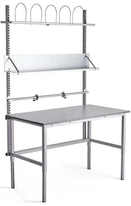 Výškovo nastaviteľný dielenský stôl MOTION s príslušenstvom, mechanický, 1500x800 mm, svetlošedá