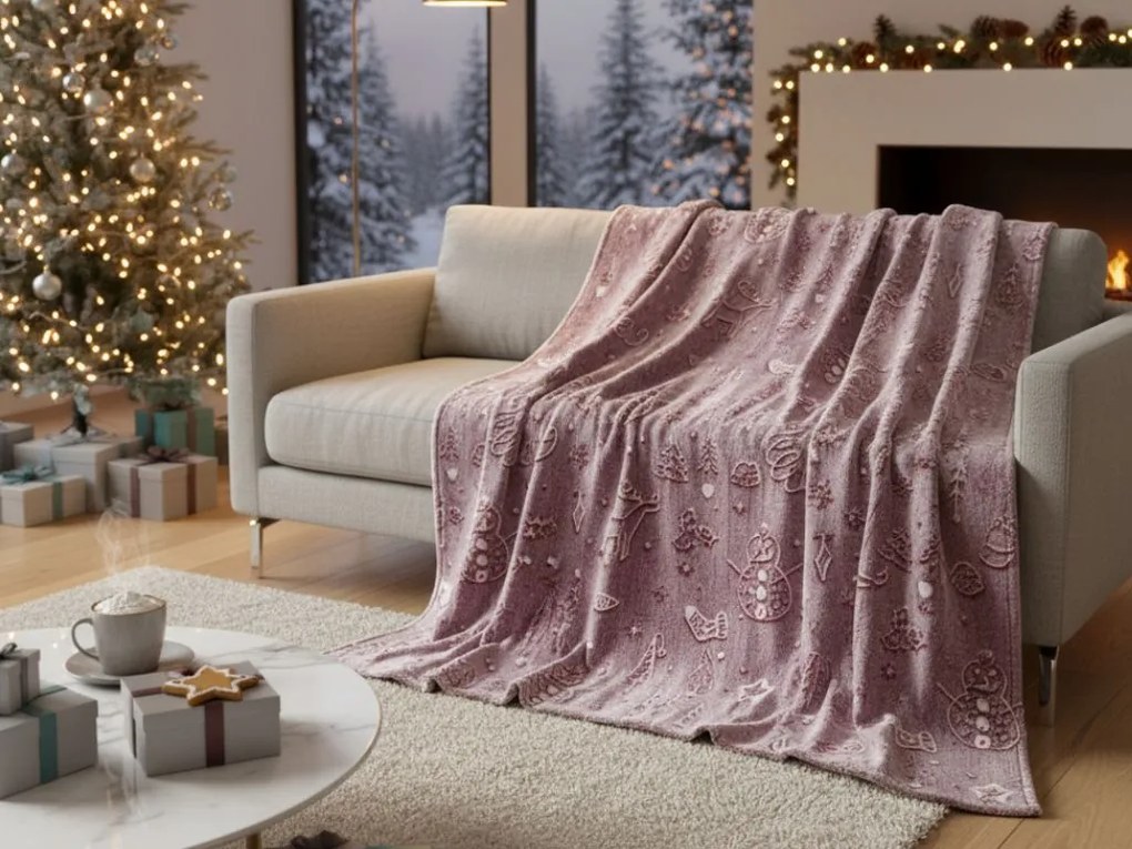 Svietiaca vianočná mikroplyšová deka PAINTY CHRISTMAS, vínová Rozmer: 150 x 200 cm