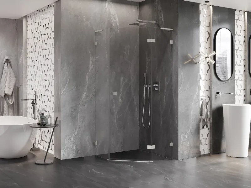 Mexen Lunar, L pravý výklopný päťuholníkový sprchový kút 100x100 cm, 8mm číre sklo, oceľový profil, 831L-100P-100L-97-00-P