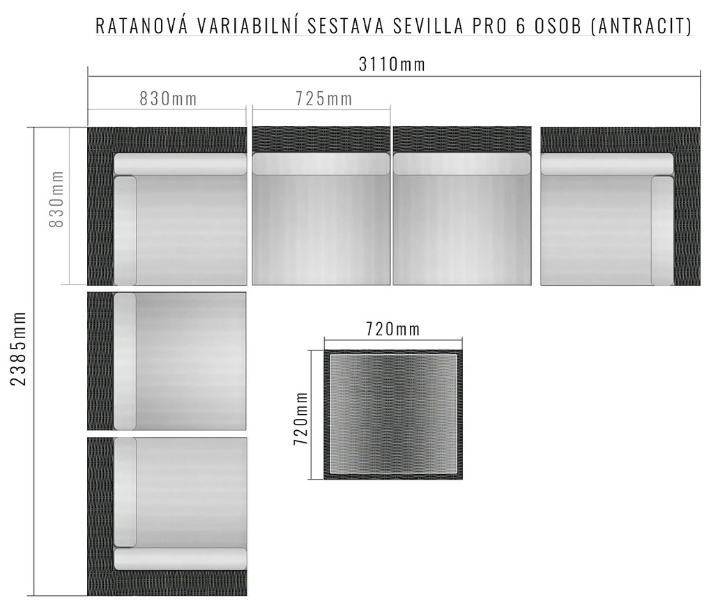 DEOKORK Ratanová variabilná zostava SEVILLA pre 6 osôb (antracit)