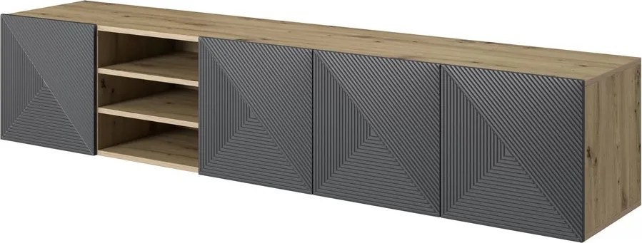 Závesná TV skrinka Asha 200 cm s ryhovaným čelom a výklenkom - dub artisan / rivier stone mat