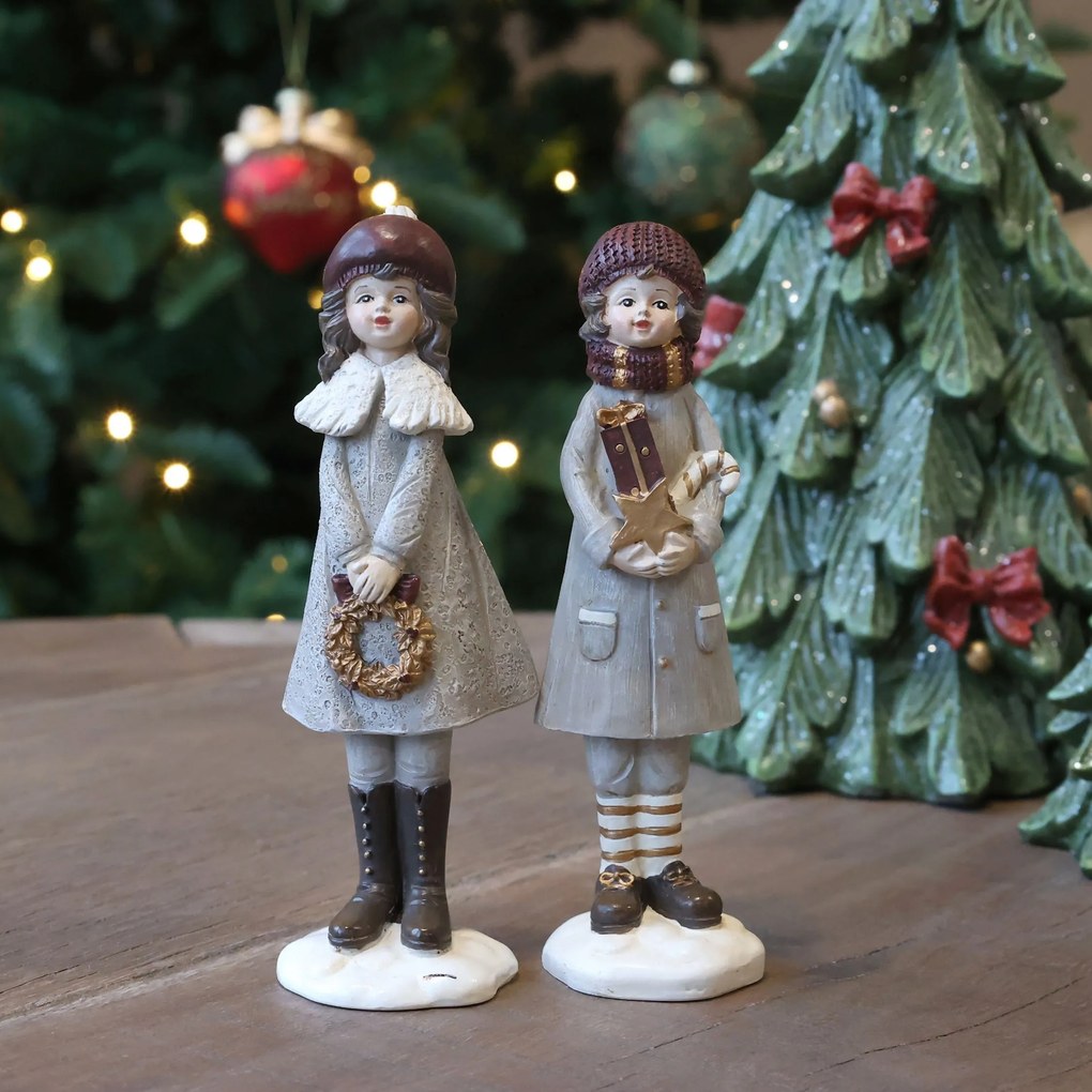 Šedá vianočná dekorácia chlapec s dievčaťom Noël – 4*4*14,5 cm