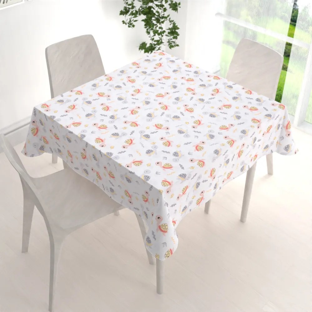Biante Detský bavlnený štvorcový obrus Sandra SA-373 Veselé korytnačky na bielom 130x130 cm