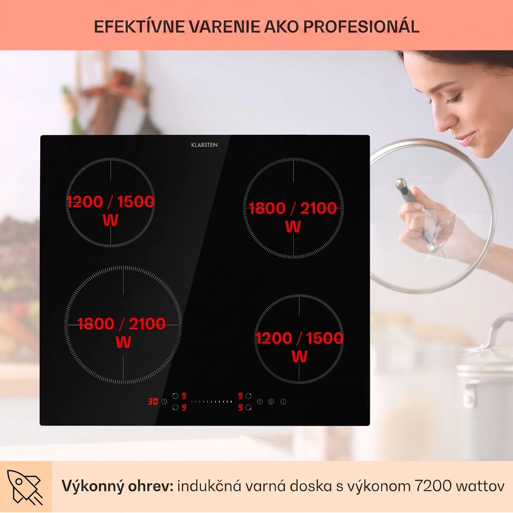 Klarstein Virtuosa EcoAdapt, indukčná varná doska, 7200 W, 4 zóny, sklo, čierna