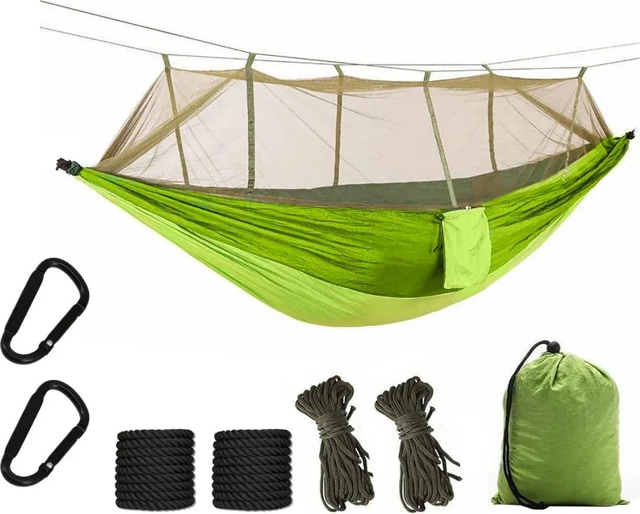 Zaparkorun Outdoorový hamak - hojdacia sieť so sieťkou proti hmyzu - olivová
