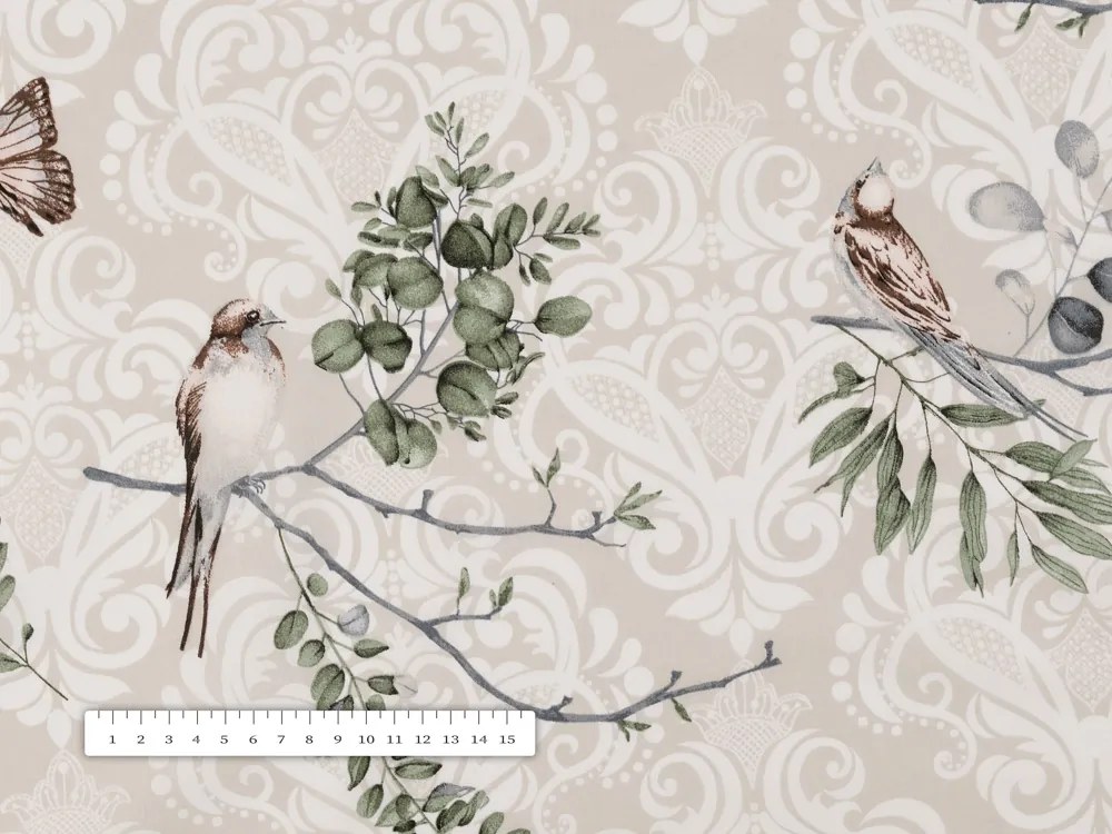 Biante Bavlnený štvorcový obrus Sandra SA-490 Lastovičky s motýlikmi na béžovom ornamente 40x40 cm