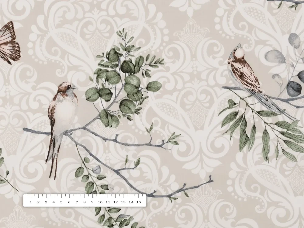 Biante Detský bavlnený záves Sandra SA-490 Lastovičky s motýlikmi na béžovom ornamente 150x210 cm