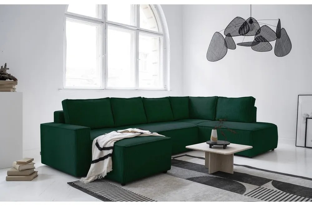 Tmavozelená menčestrová rozkladacia rohová pohovka (pravý roh/do tvaru "U") Brave Dave – Miuform