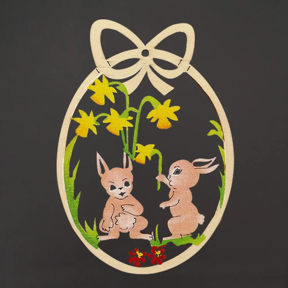 AMADEA Drevená dekorácia vajíčko zajace s kvetinou, veľkosť 9 cm, český výrobok