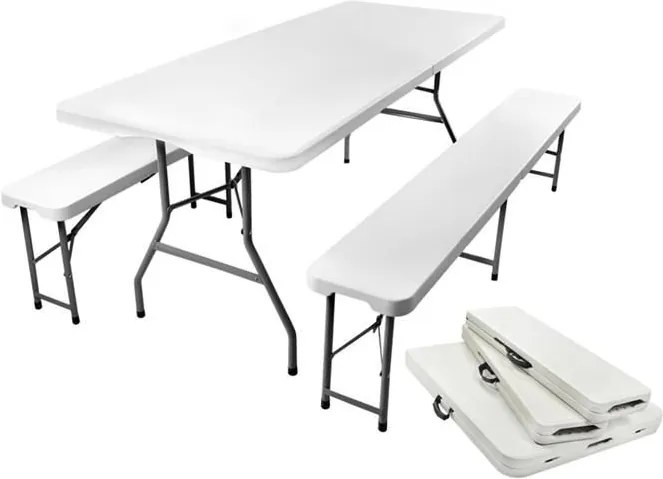 Malatec Skladací stôl polený 180cm + 2x skladacia lavica, biela, 3257