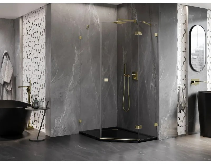 Mexen Lunar, výklopný päťuholníkový sprchový kút pravý 90 x 100 cm, 8mm číre sklo, zlatý profil, 831-090P-100L-50-00-P