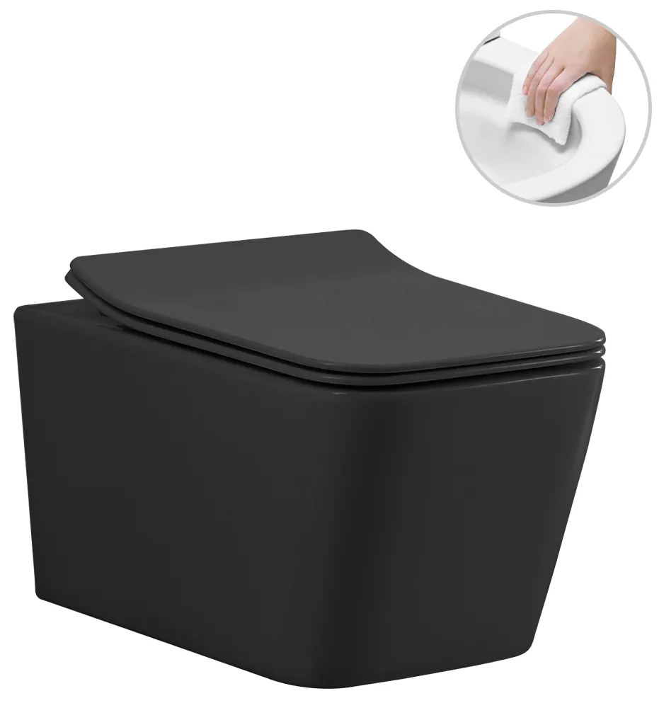 CERANO - Závesná WC misa Forte + UF sedátko, Rimless - čierna matná, CER-CER-538750