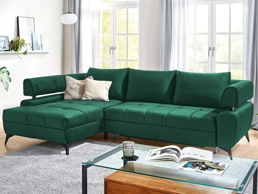 Rohová sedacia súprava Paris, tmavo zelená látka, ľavý roh